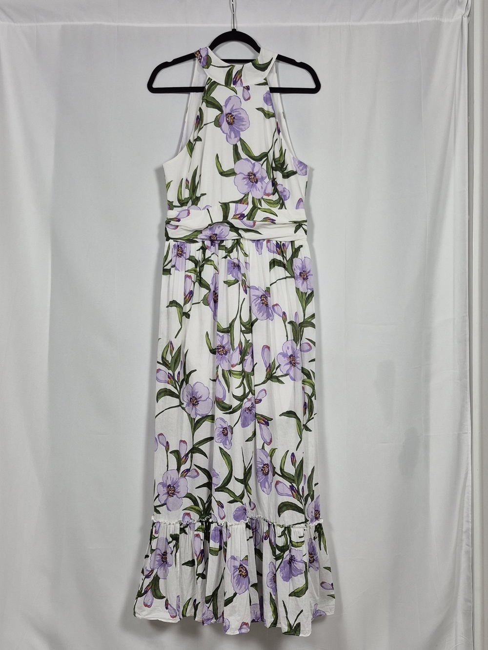 Gabrielle Union Floral Halter Maxi Dress White Purple 100% Cotton Size M